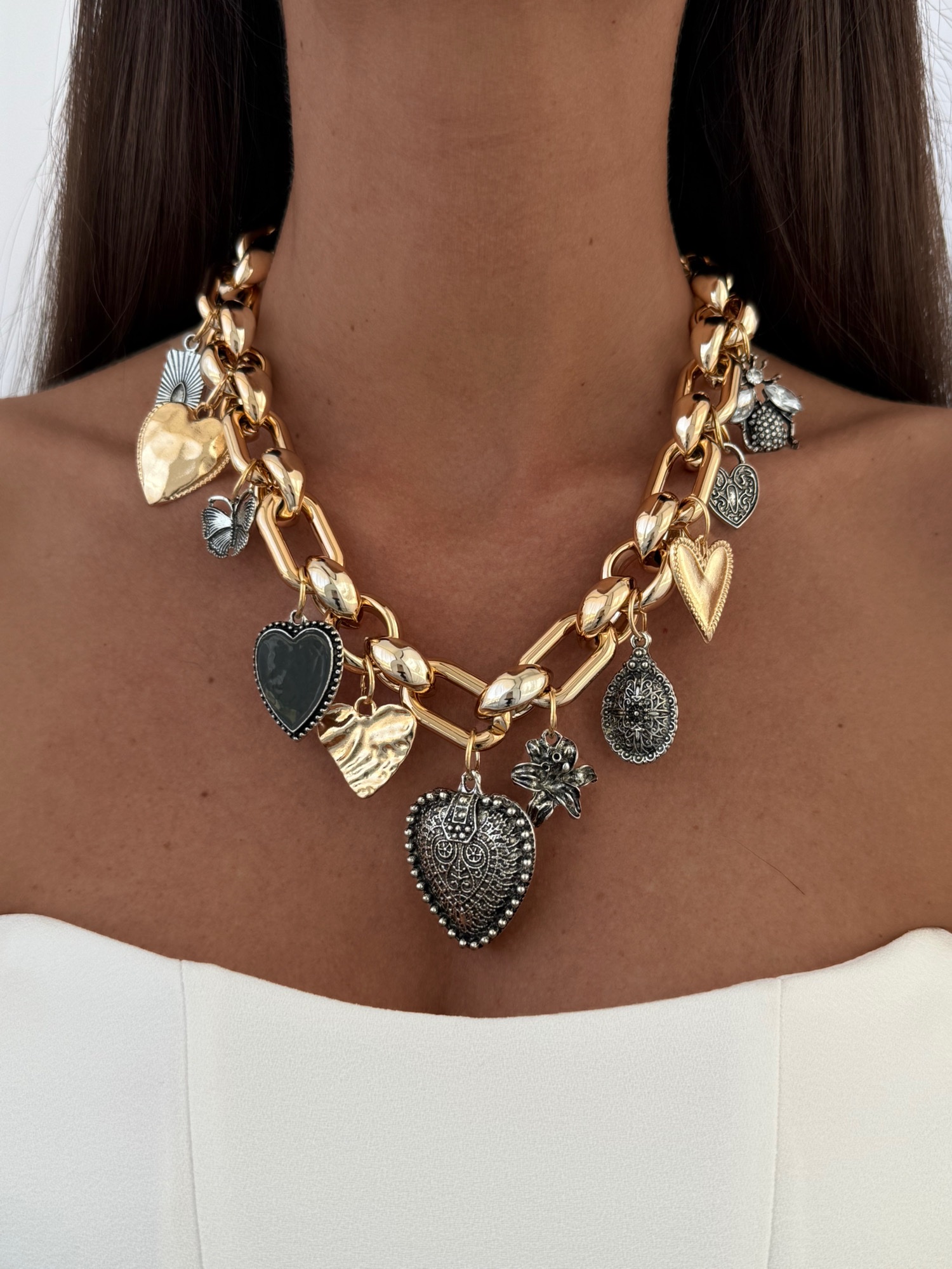 img_5000 Özel Seri Eskitme Kalp Charmlı Marka Gold Kolye