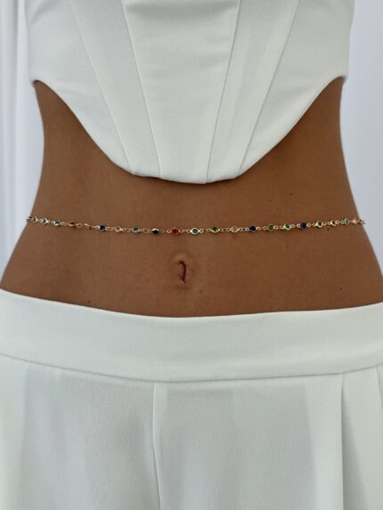 Özel Seri Çok Renkli Oval Taş Tasarım Gold Bel Zinciri