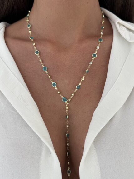 Özel Seri Yuvarlak Mavi Taşlı Gold Y Kolye