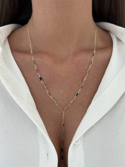 Özel Seri Pembe & Mavi Baget Taş Gold Y Kolye