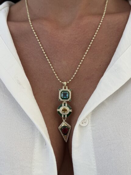 Özel Seri Yeşil Geometrik Tasarım Gold Top Zincir Kolye