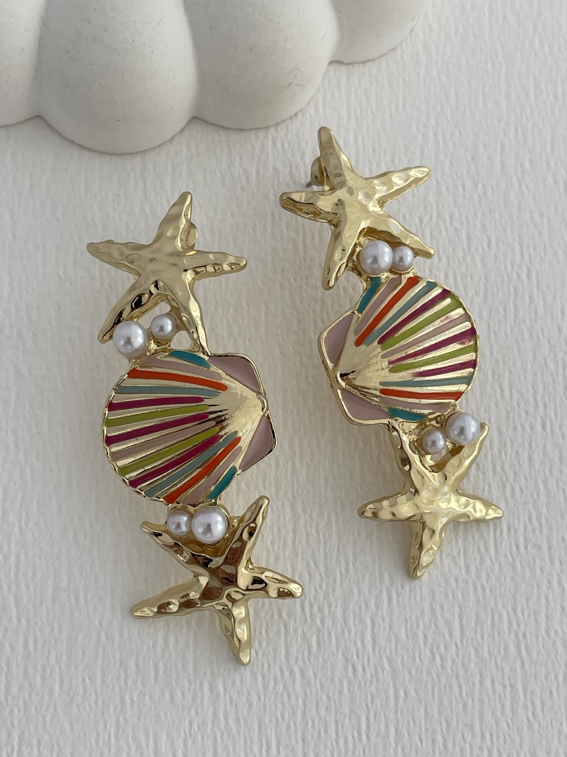 img_6701-2 Özel Seri Çok Renkli İkili Deniz Yıldızı İncili Gold Küpe