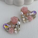 Özel Seri Taşlı Çiçek & İnci Tasarım Pembe Kalp Küpe