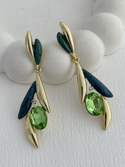 Özel Seri Yeşil Taş Yaprak Tasarım Gold Küpe