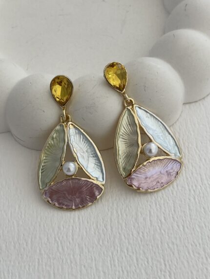 Özel Seri Çok Renkli Damla Tasarım Taşlı Gold Küpe