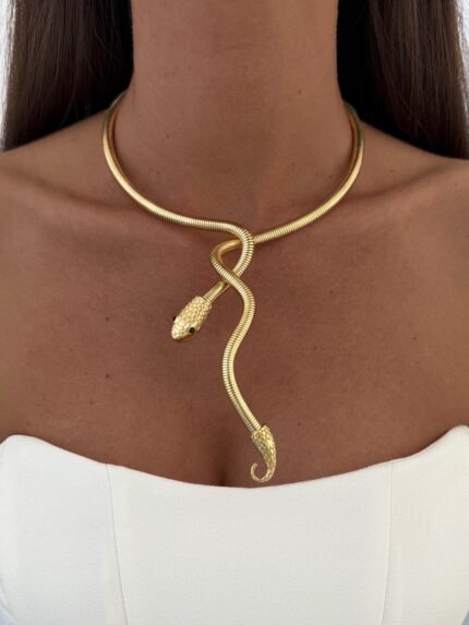 Özel Seri Sarmal Yılan Tasarım Gold Choker Kolye
