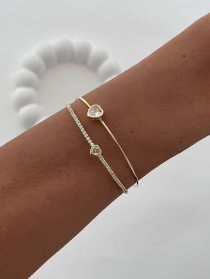 Özel Seri Zirkon Taşlı Kalp Tasarım Gold Ayarlanabilir Bileklik