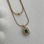 Çelik Yeşil Baget Taşlı Kare İkili Zincir Gold Kolye