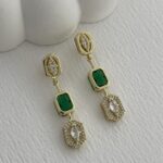Özel Seri Zirkon & Yeşil Taşlı Geometrik Tasarım Gold Küpe