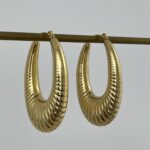 Çelik Tırtık Desen Oval Kalın Gold Halka Küpe