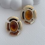 Özel Seri Kahverengi Mineli Çiçek Tasarım Gold Küpe
