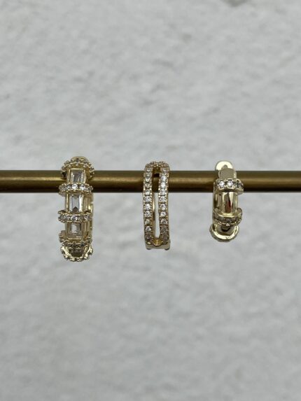 Özel Seri Zirkon Taşlı Üçlü Halka Gold Küpe Seti