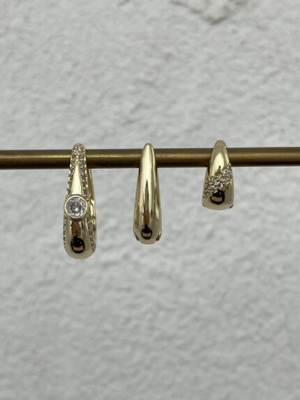 Özel Seri Zirkon Taşlı Damla Üçlü Halka Gold Küpe Seti