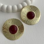 Özel Seri Desenli Maksi Boy Bordo Mineli Gold Küpe