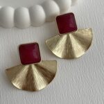 Özel Seri Yelpaze Tasarım Bordo Mineli Gold Küpe