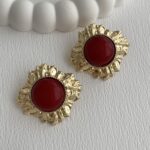 Özel Seri Bordo Mineli Soyut Tasarım Gold Küpe