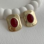 Özel Seri Vintage Tasarım Bordo Mineli Gold Küpe