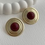 Özel Seri İçe İçe Halka Tasarım Bordo Mineli Gold Küpe