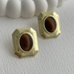 Özel Seri Vintage Tasarım Kahverengi Kaplan Gözü Gold Küpe