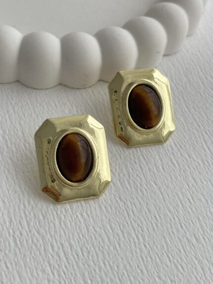 Özel Seri Vintage Tasarım Kahverengi Kaplan Gözü Gold Küpe