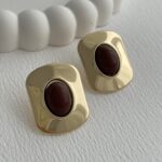 Özel Seri Vintage Tasarım Kahverengi Mineli Gold Küpe