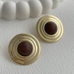 Özel Seri İç içe Halka Tasarım Kahverengi Mineli Gold Küpe