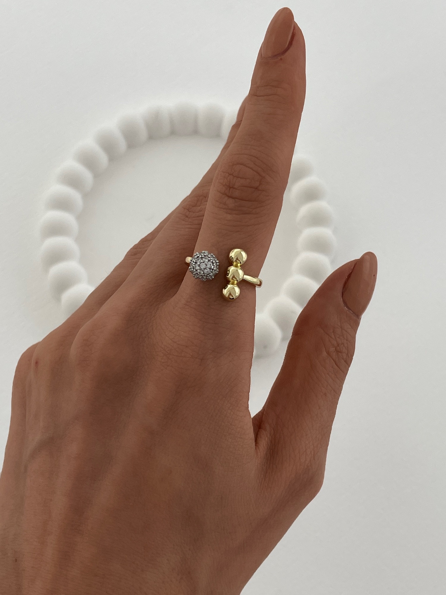 img_9807-2 Özel Seri Zirkon Taşlı Üçlü Top Tasarım Gold Ayarlanabilir Yüzük