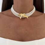 Özel Seri Anka Kuşu Tasarım Gold Üçlü İnci Choker Kolye