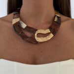 Özel Seri Simli Kahverengi Kemik Ve Gold Detay Kolye
