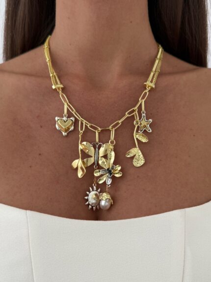 Özel Seri ZR Model Kelebek Charmlı Gold İkili Zincir Kolye