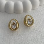Çelik Zirkon Taşlı Damla Tasarım Gold Küpe