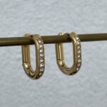 Çelik Zirkon Taşlı Dikdörtgen Tasarım Gold Küpe