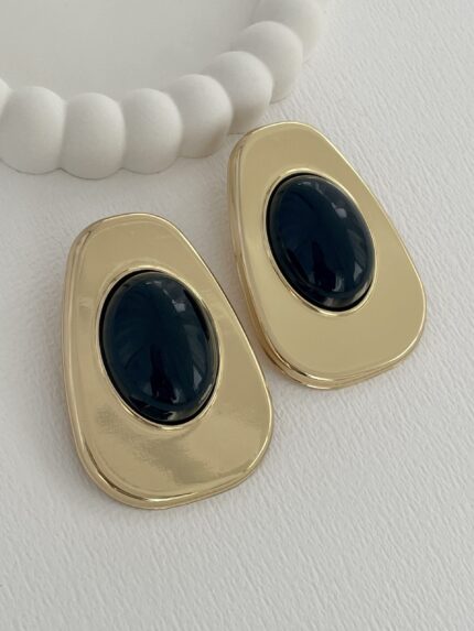 Özel Seri Siyah Kemik Büyük Oval Tasarım Gold Küpe