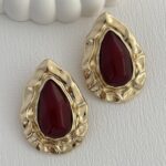 Özel Seri Bordo Kemik Soyut Damla Tasarım Gold Küpe