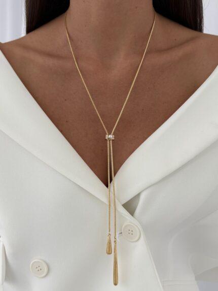 Özel Seri Zirkon & İnci Detay Gold İkili Çubuk Kolye