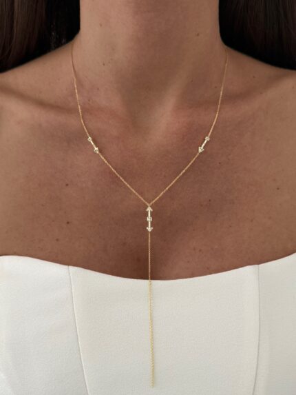 Özel Seri Zirkon Taşlı Çift Yönlü Ok Tasarım Gold Y Kolye