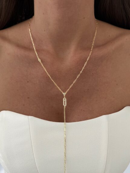 Özel Seri Zirkon Taşlı Oval Tasarım Gold Y Kolye