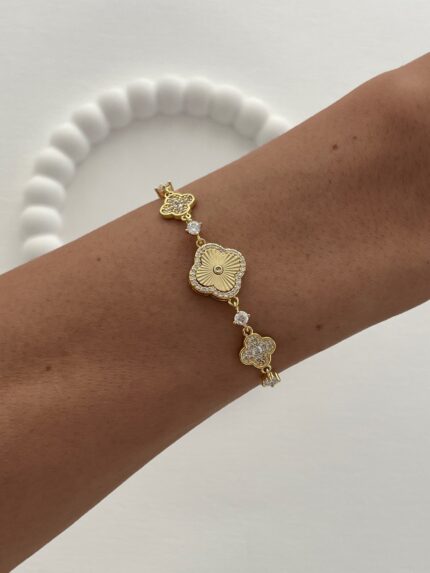 Özel Seri Yonca Marka Model Zirkon Taşlı Gold Asansörlü Bileklik