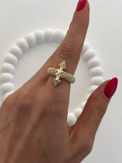 Özel Seri Ok Tasarım Zirkon Taşlı Ayarlanabilir Gold Yüzük