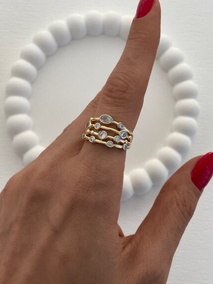 Özel Seri Dört Sıra Taş Detay Ayarlanabilir Gold Yüzük