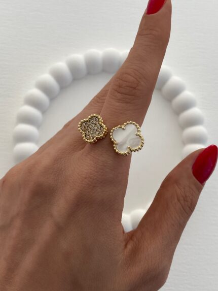 Özel Seri Yonca Tasarım Sedef Detaylı Ayarlanabilir Gold Yüzük