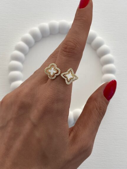 Özel Seri Yonca Tasarım Sedef Detay Gold Ayarlanabilir Yüzük