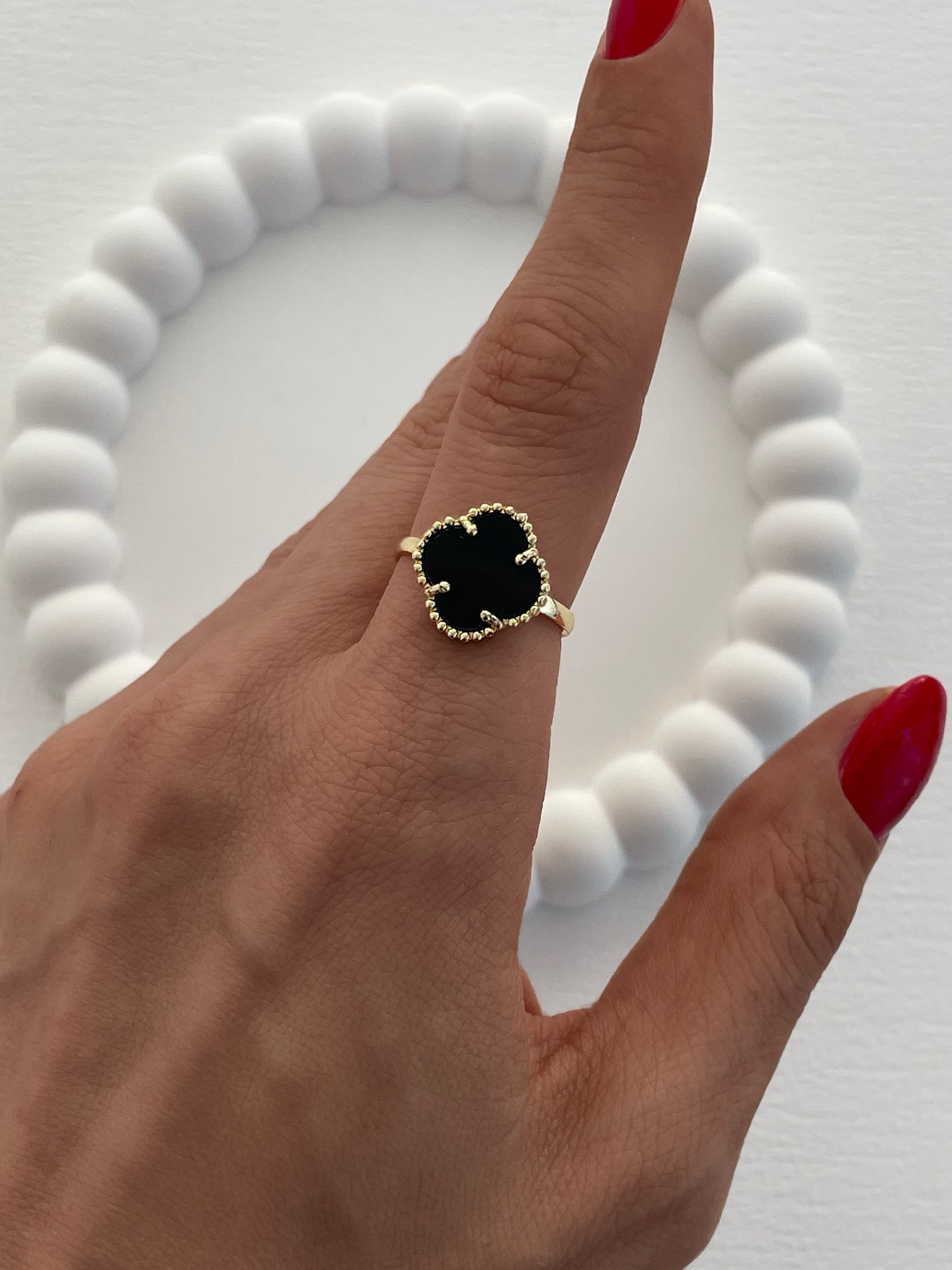 img_5764-4 Özel Seri Siyah Mineli Yonca Tasarım Gold Ayarlanabilir Yüzük