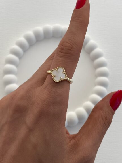 Özel Seri Yonca Tasarım Sedef Mineli Gold Ayarlanabilir Yüzük