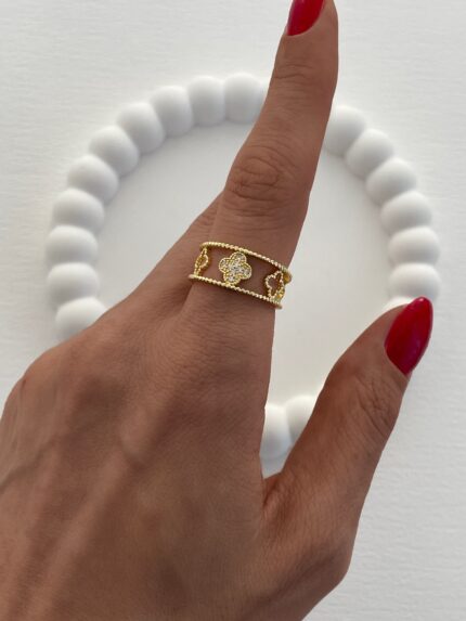 Özel Seri Yonca Tasarım Zirkon Taşlı Gold Ayarlanabilir Yüzük