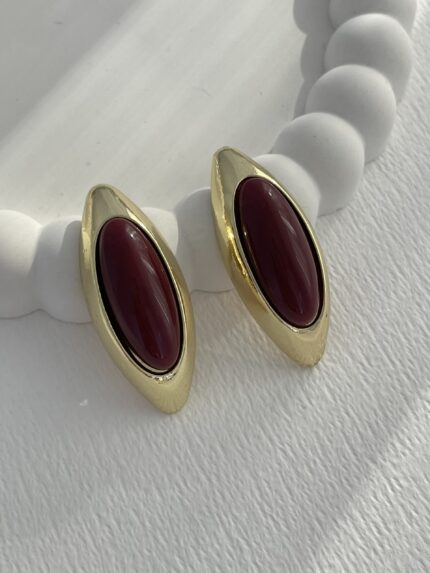 Özel Seri Bordo Kemik Detay Oval Vintage Gold Küpe