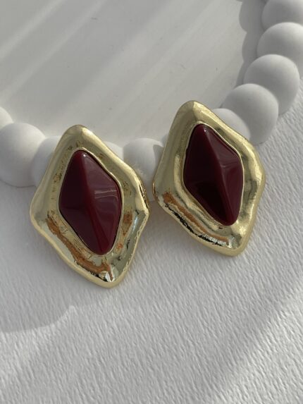 Özel Seri Bordo Kemik Detay Desenli Baklava Gold Küpe