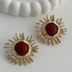 Özel Seri Bordo Kemik Detay Güneş Tasarım Gold Küpe