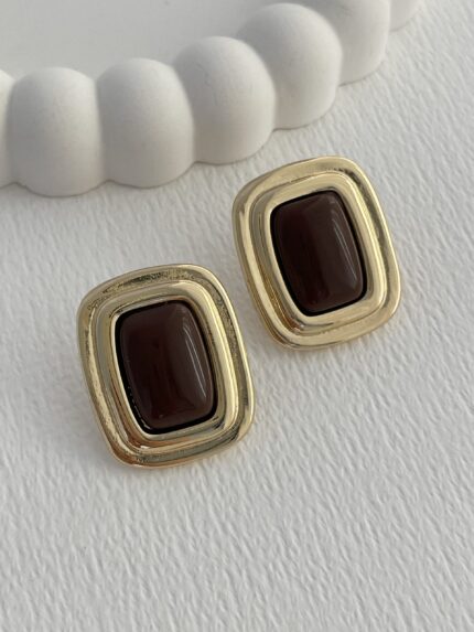 Özel Seri Kahverengi Kemik Detay Geometrik Tasarım Gold Vintage Küpe