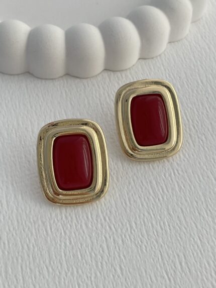 Özel Seri Bordo Kemik Detay Geometrik Tasarım Gold Vintage Küpe